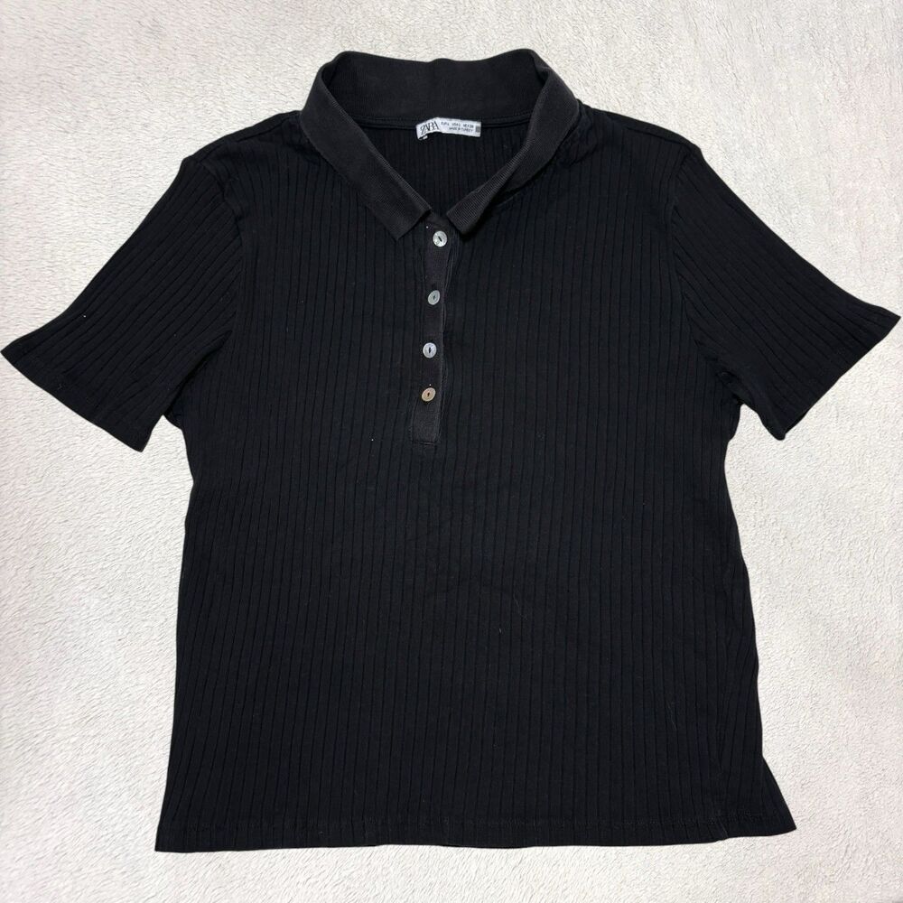 Zara Ribbed Polo Shirt Womens Size L Black Short Sleeve Knit Stretch